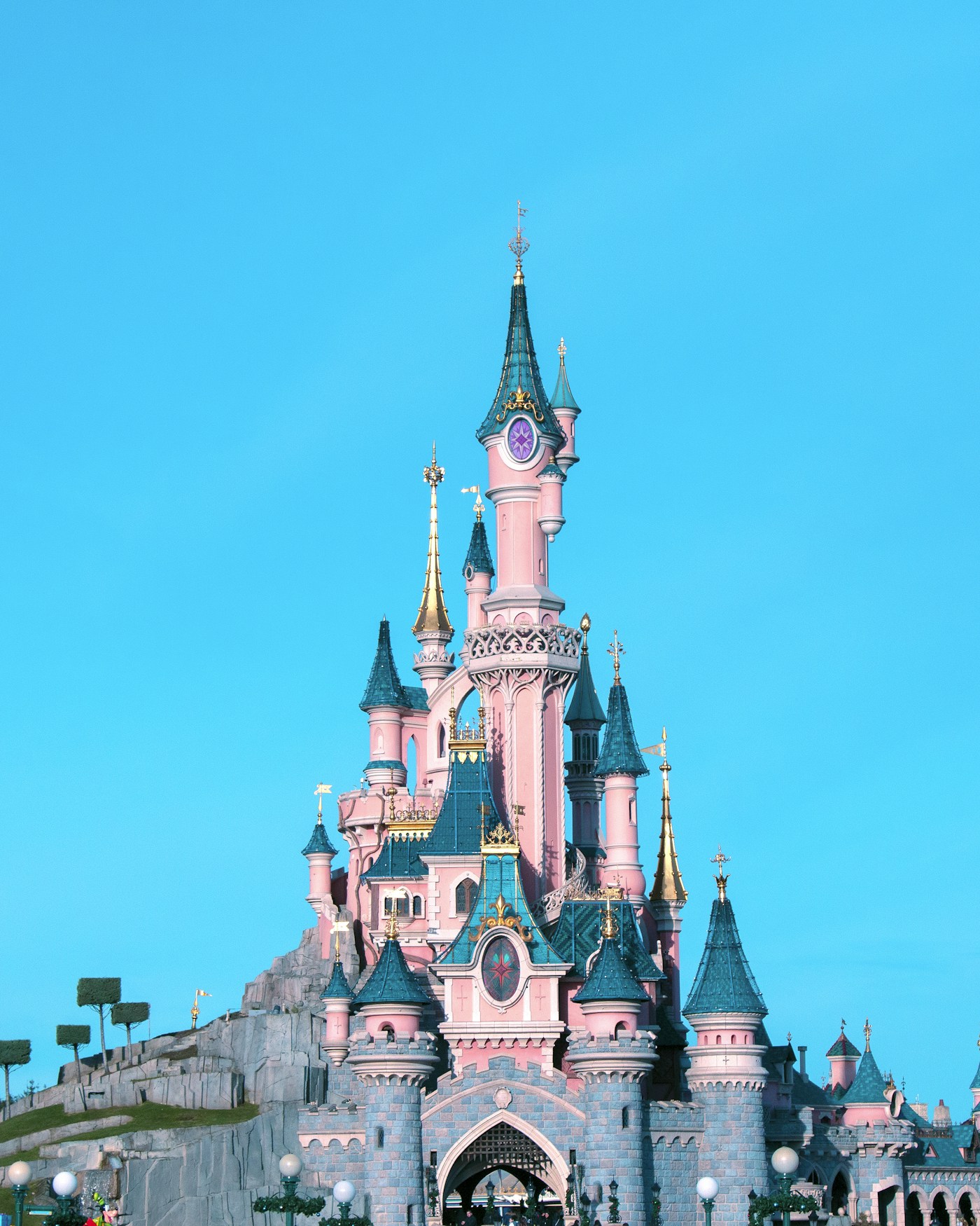 The pink and blue Sleeping Beauty Castle at Disneyland Paris
